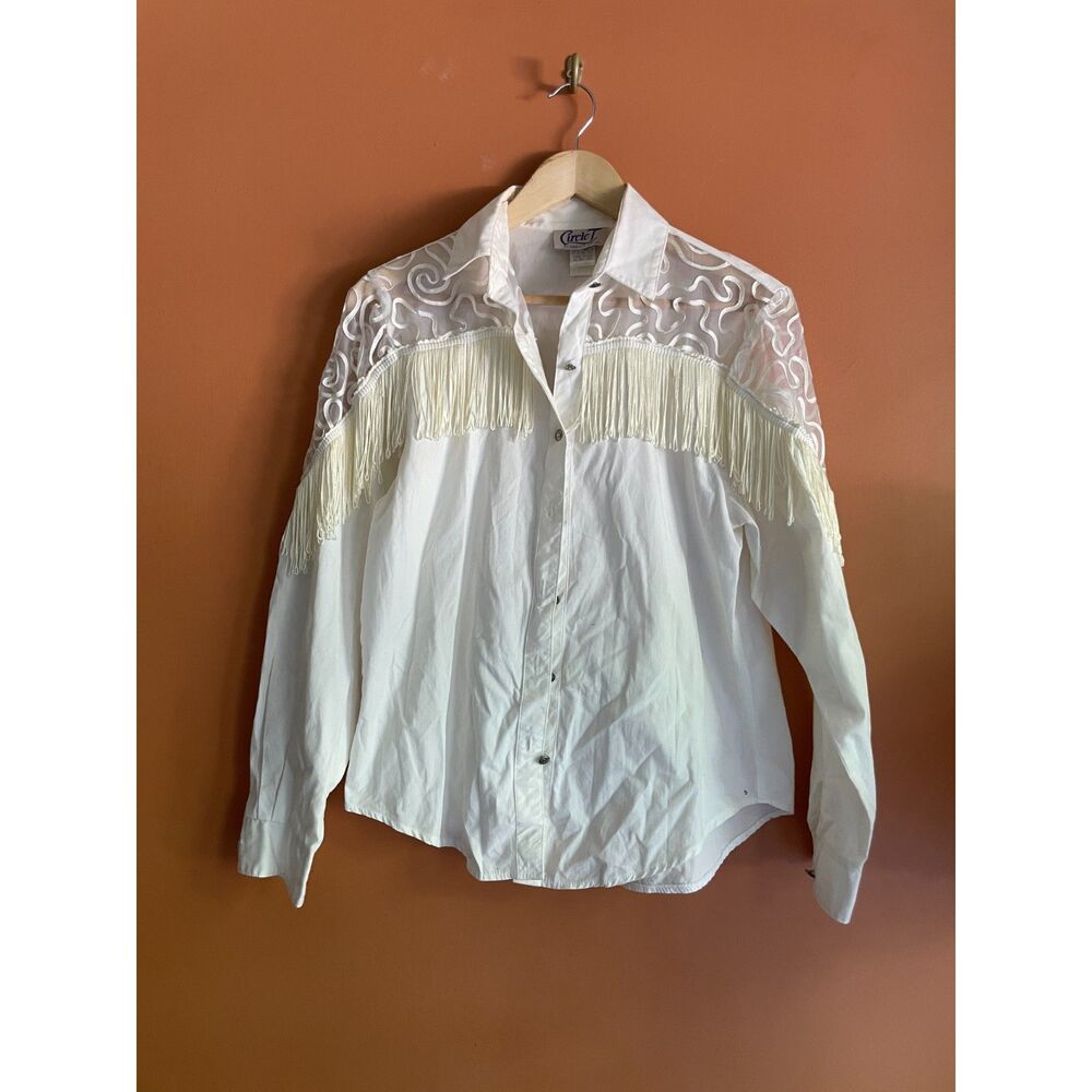 Vintage Circle T Marilyn Lenox White Fringe Western Shirt 80s Cowgirl Sheer Yoke